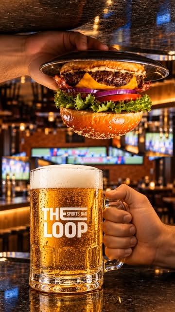 Pieza de Instagram con hamburguesa y cerveza de The Loop