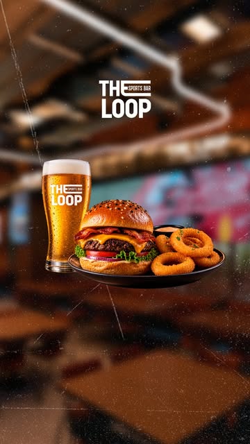 Pieza de Instagram con hamburguesa, aros de cebolla y cerveza